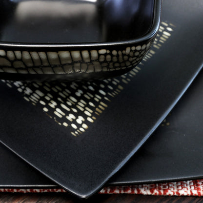 Set di stoviglie in gres nero con doppia ciotola quadrata astratta, 16 pezzi