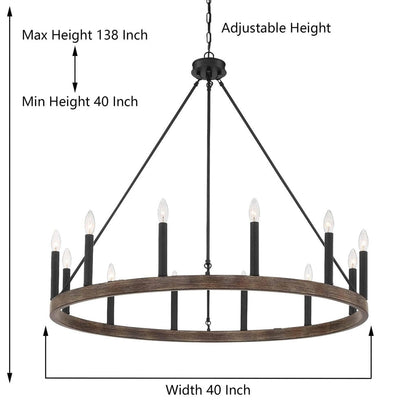 Lampadario a ruota di carro Acroma Farmhouse da 12 luci, 40 pollici, con UL - 40'' P x 138'' H