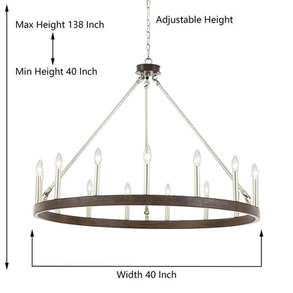 Lampadario a ruota di carro Acroma Farmhouse da 12 luci, 40 pollici, con UL - 40'' P x 138'' H