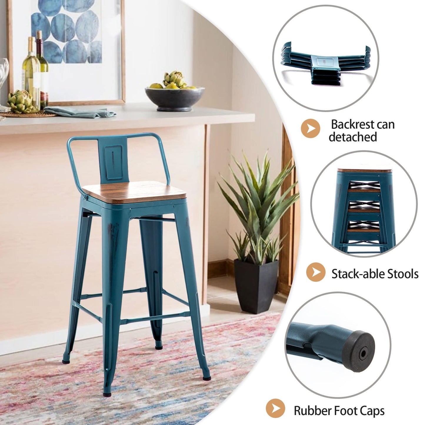 Sgabelli da bar con schienale, set di 4 sgabelli da bar in metallo industriale con seduta in legno