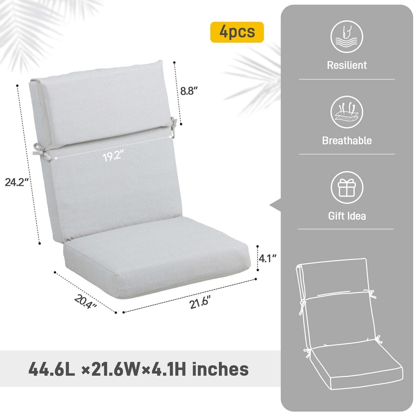 Set di 4 cuscini per sedia con schienale alto Aoodor Patio, 46x21x4 pollici (solo cuscini)