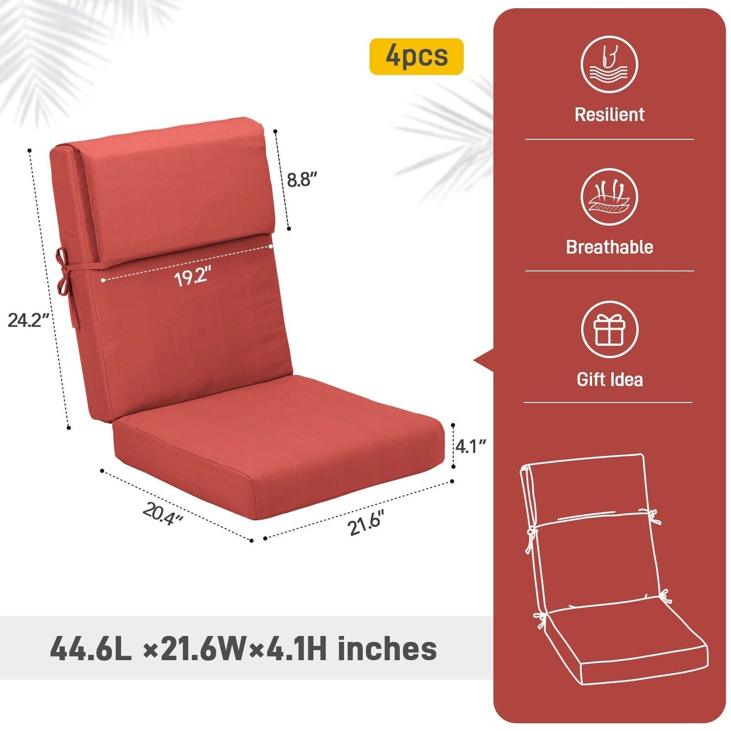 Set di 4 cuscini per sedia con schienale alto Aoodor Patio, 46x21x4 pollici (solo cuscini)