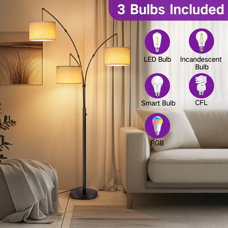 Lampada da terra ad arco LED dimmerabile moderna nera a 3 luci