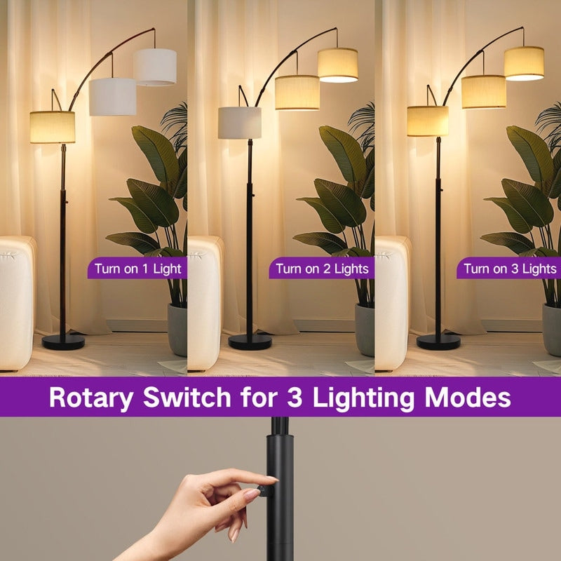 Lampada da terra ad arco LED dimmerabile moderna nera a 3 luci
