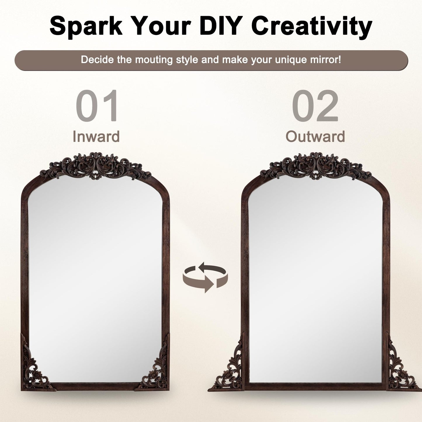 Specchio da pavimento intagliato in legno massello a tutta lunghezza ad arco