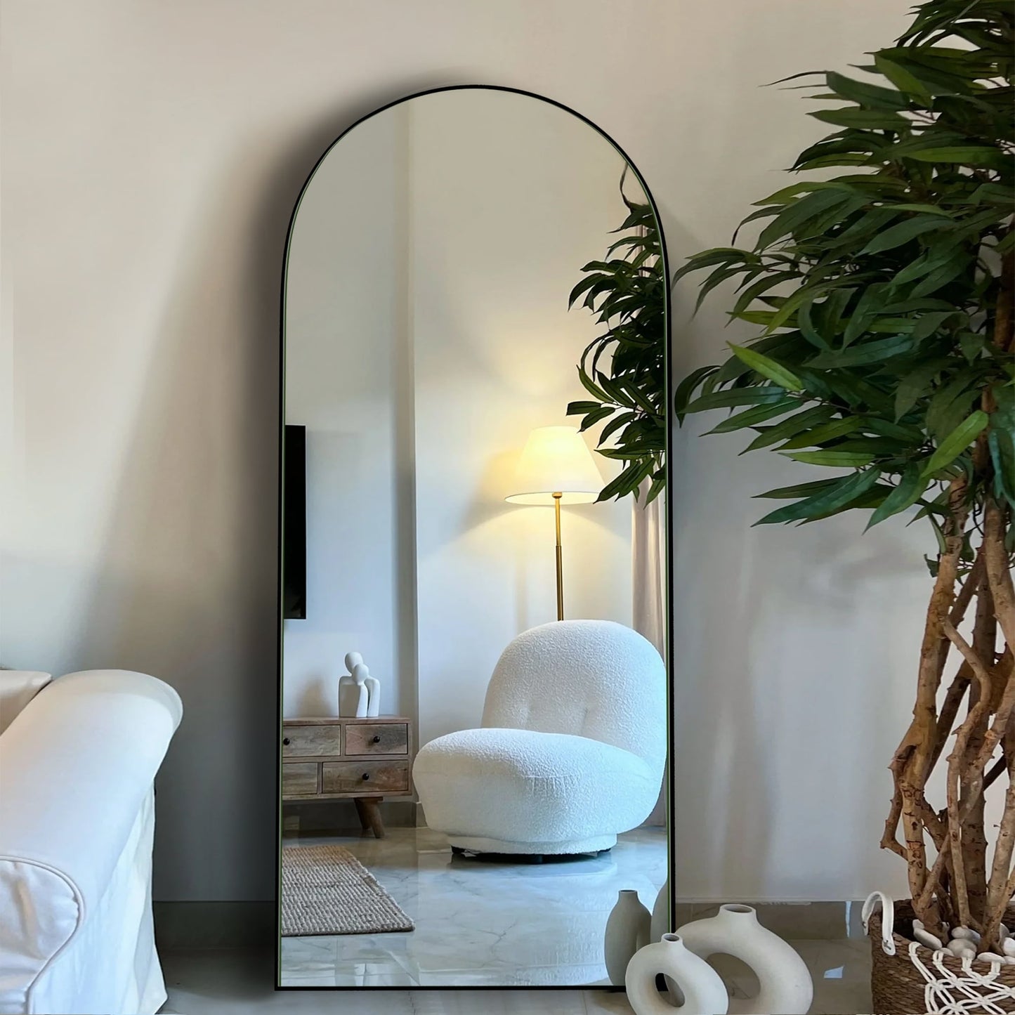 Specchio da pavimento in legno a figura intera ad arco, specchio da parete