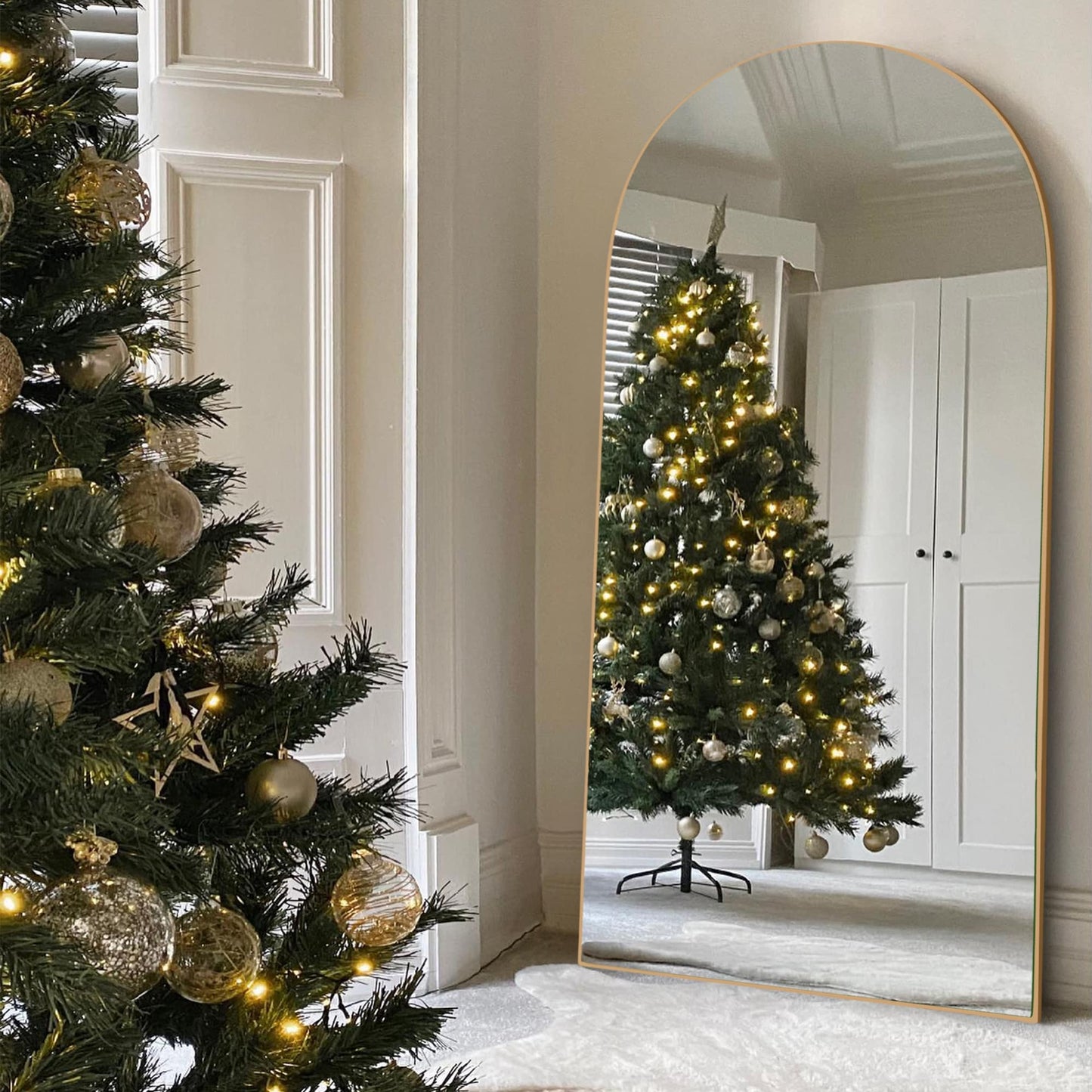 Specchio da pavimento in legno a figura intera ad arco, specchio da parete