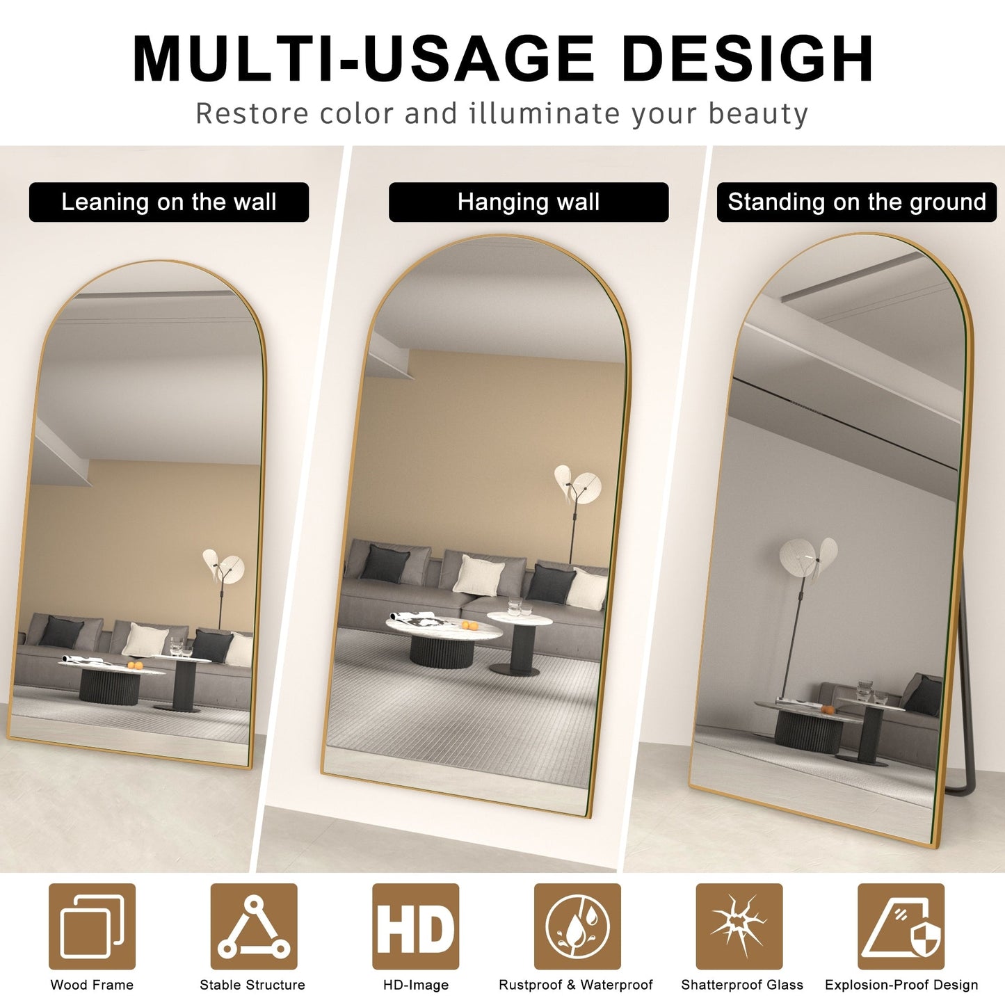 Specchio da pavimento in legno a figura intera ad arco, specchio da parete