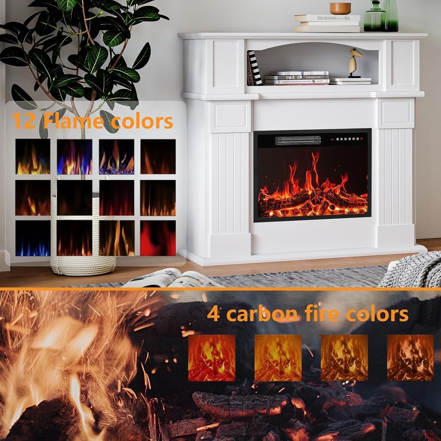 Camino elettrico BOSSIN 43 con mensola, inserto per camino elettrico da 23 pollici, mobile porta TV indipendente con camino in legno