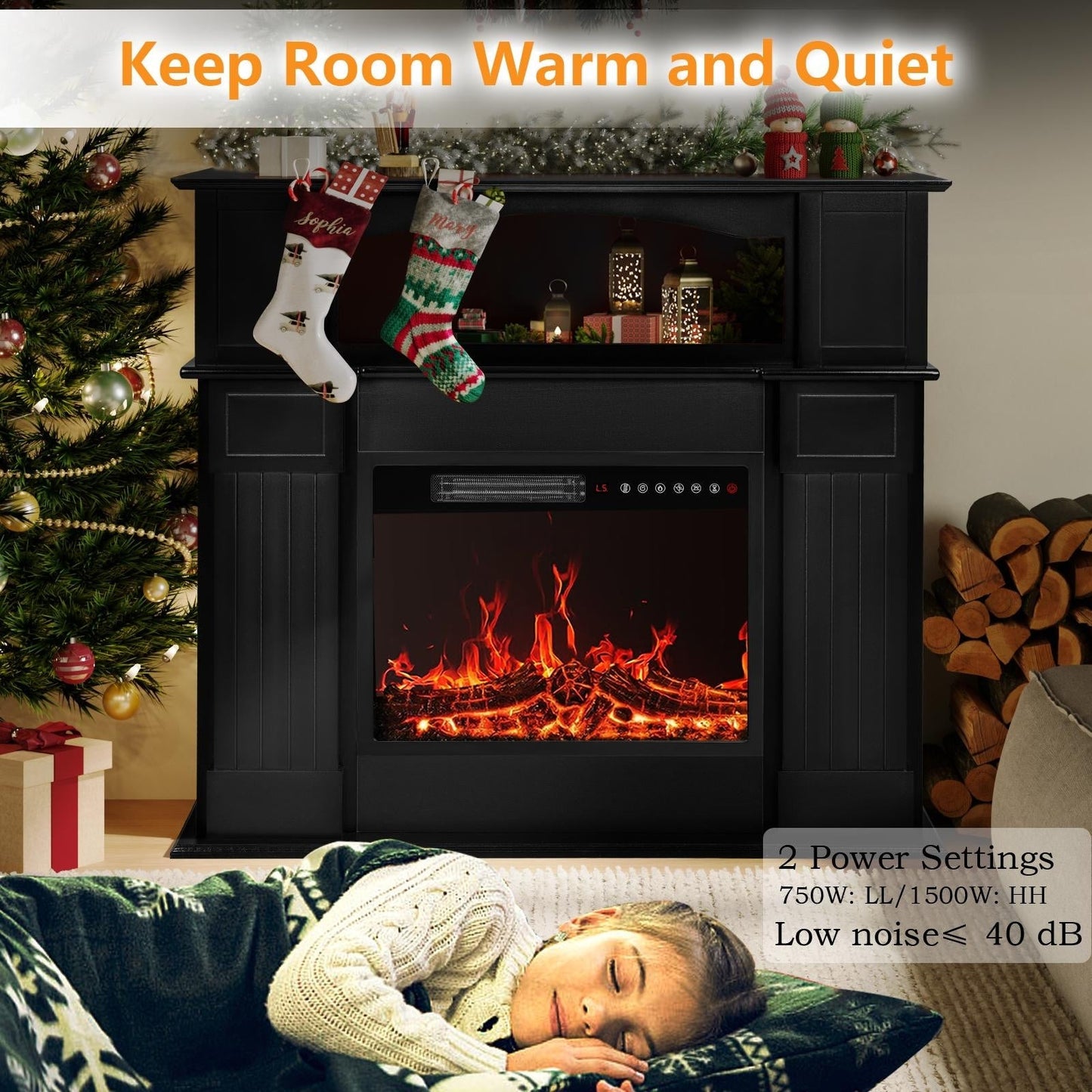 Camino elettrico BOSSIN 43 con mensola, inserto per camino elettrico da 23 pollici, mobile porta TV indipendente con camino in legno