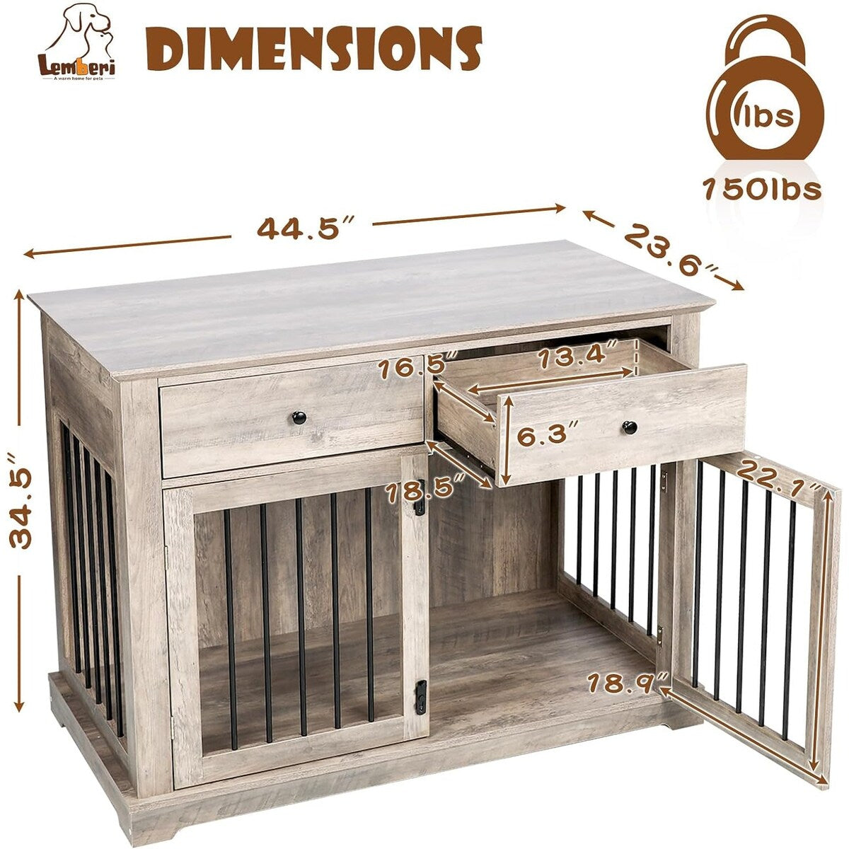 BOSSIN - Cuccia per cani di grandi dimensioni da 44 pollici, tavolino in legno con cassetti portaoggetti, cuccia decorativa per animali domestici