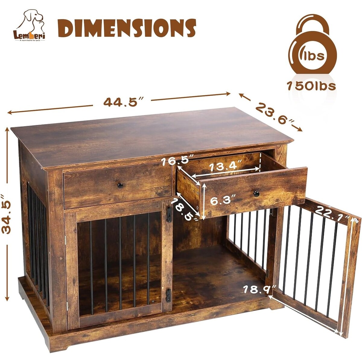 BOSSIN - Cuccia per cani di grandi dimensioni da 44 pollici, tavolino in legno con cassetti portaoggetti, cuccia decorativa per animali domestici