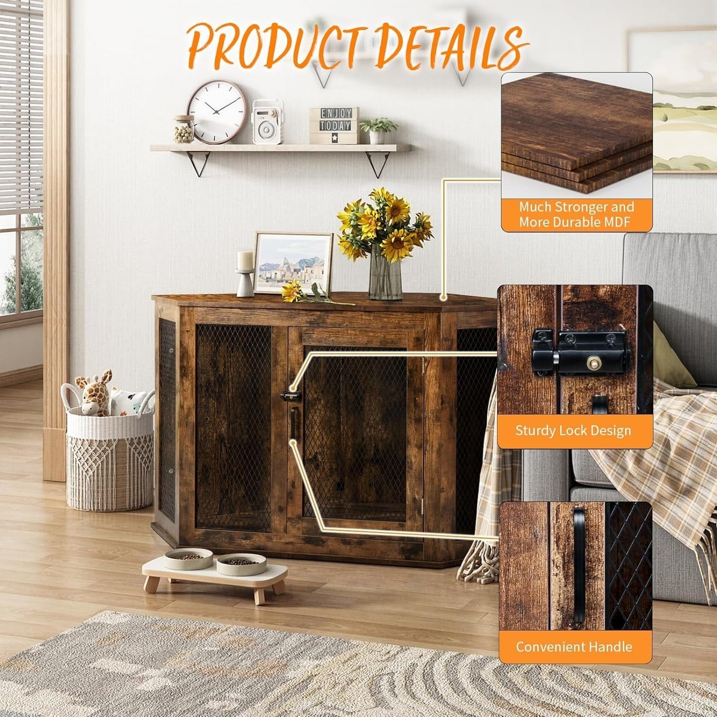 BOSSIN Cuccia angolare per cani, cuccia in legno per cani da 44/52 pollici con rete, cuccia decorativa in legno per uso interno