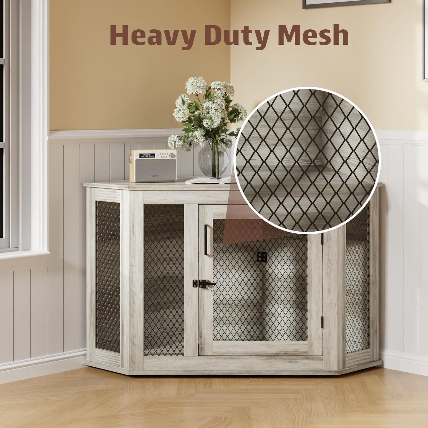 BOSSIN Cuccia angolare per cani, cuccia in legno per cani da 44/52 pollici con rete, cuccia decorativa in legno per uso interno