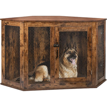 BOSSIN Cuccia angolare per cani, cuccia in legno per cani da 44/52 pollici con rete, cuccia decorativa in legno per uso interno