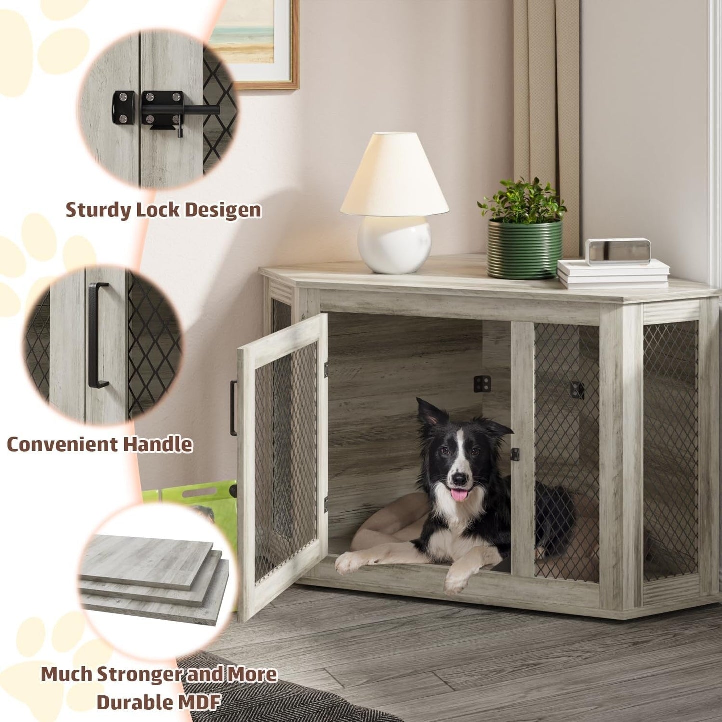 BOSSIN Cuccia angolare per cani, cuccia in legno per cani da 44/52 pollici con rete, cuccia decorativa in legno per uso interno