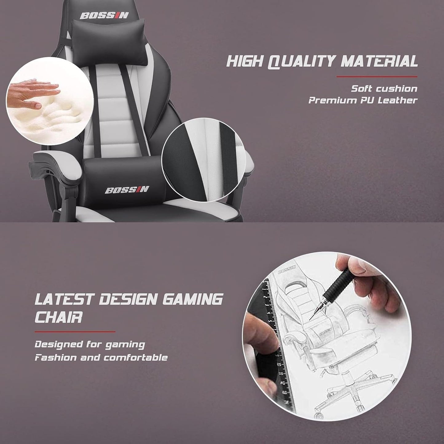 Sedia da gioco BOSSIN Racing Style, sedia da gioco alta e robusta da 300 libbre, sedia per computer con schienale alto