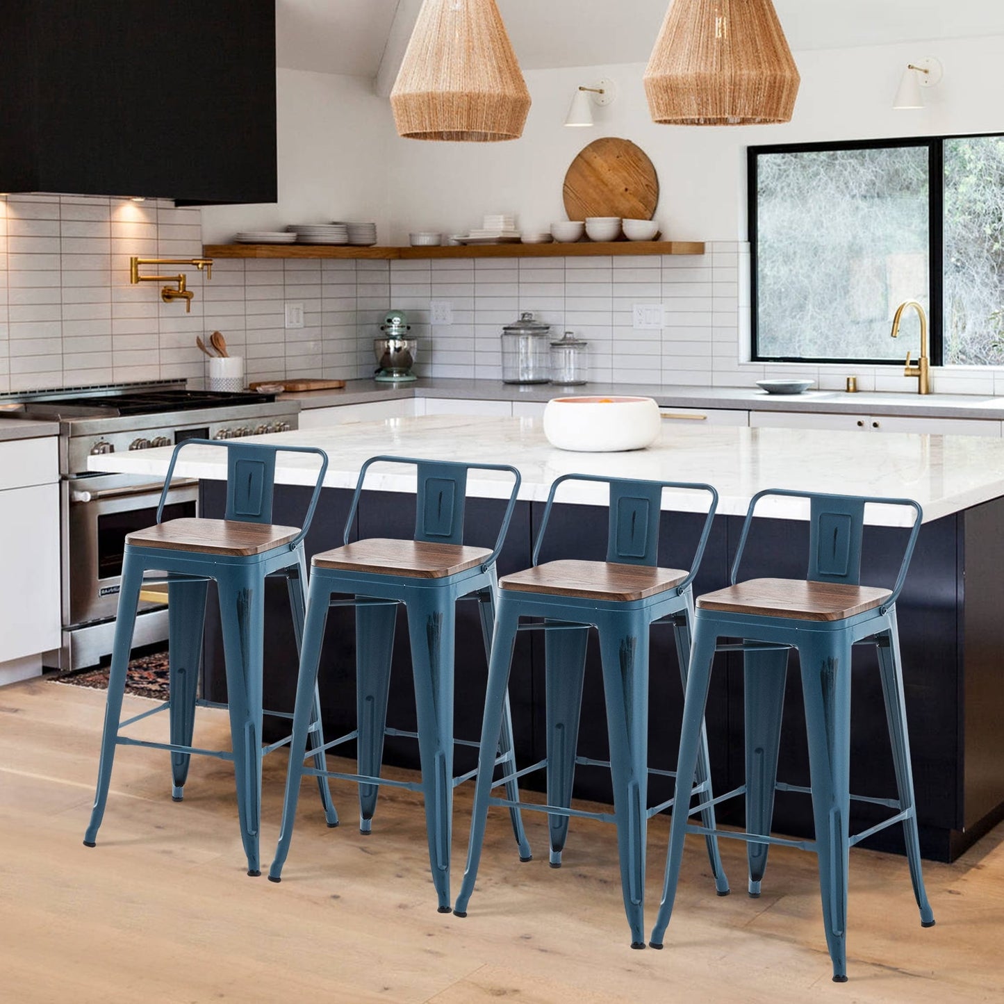 Sgabelli da bar con schienale, set di 4 sgabelli da bar in metallo industriale con seduta in legno