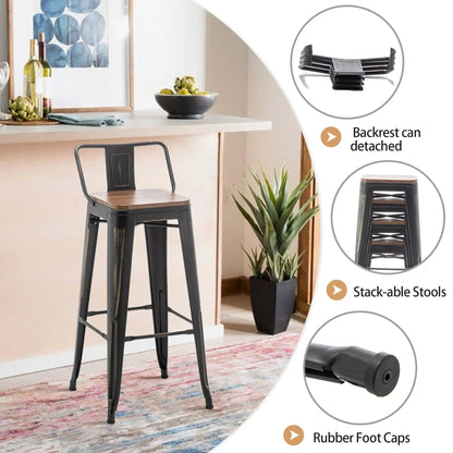 Sgabelli da bar con schienale, set di 4 sgabelli da bar in metallo industriale con seduta in legno