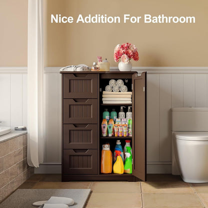 Mobiletto portaoggetti da pavimento per bagno, mobiletto portaoggetti da pavimento indipendente con 4 cassetti e ripiano regolabile