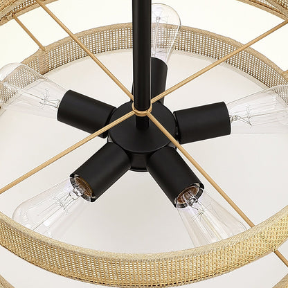 Lampadario Bayou a tamburo costiero nero a 5 luci con doppio paralume in rattan - 24''W