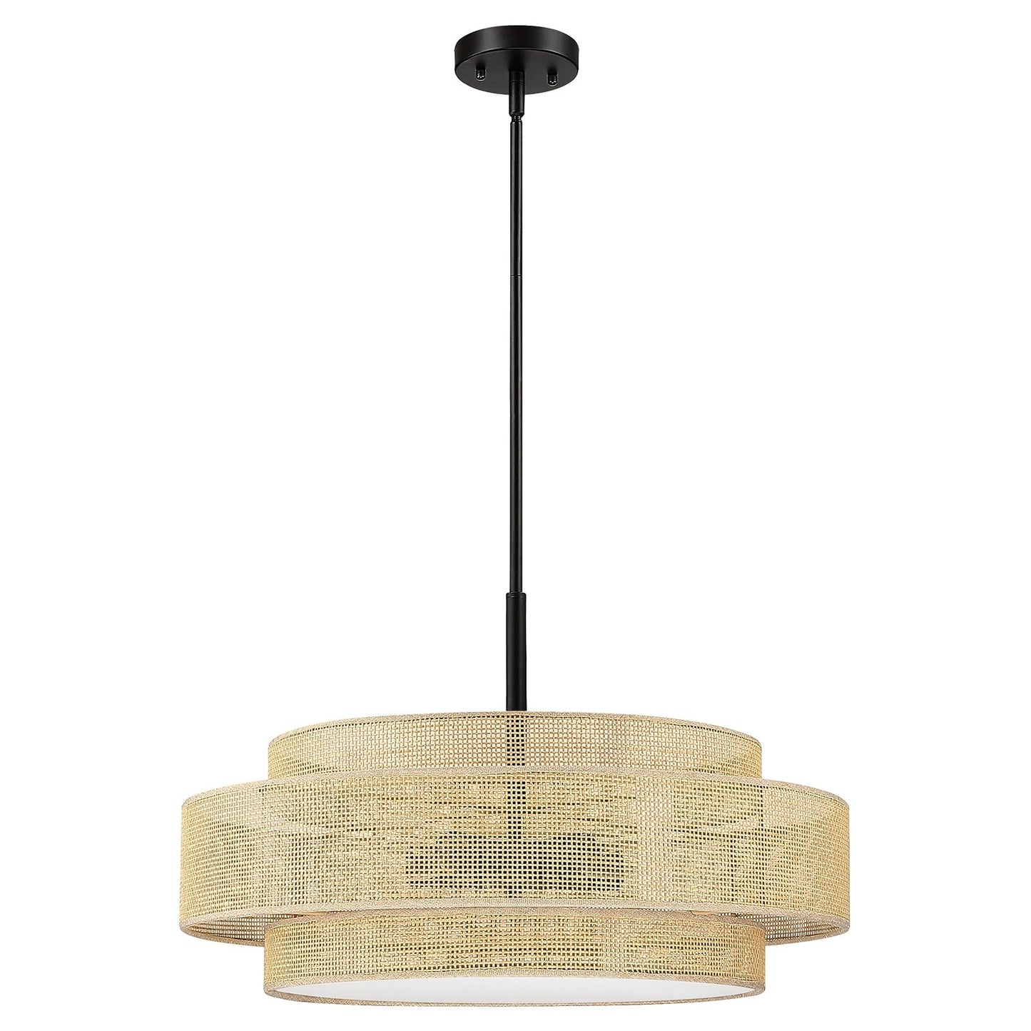 Lampadario Bayou a tamburo costiero nero a 5 luci con doppio paralume in rattan - 24''W