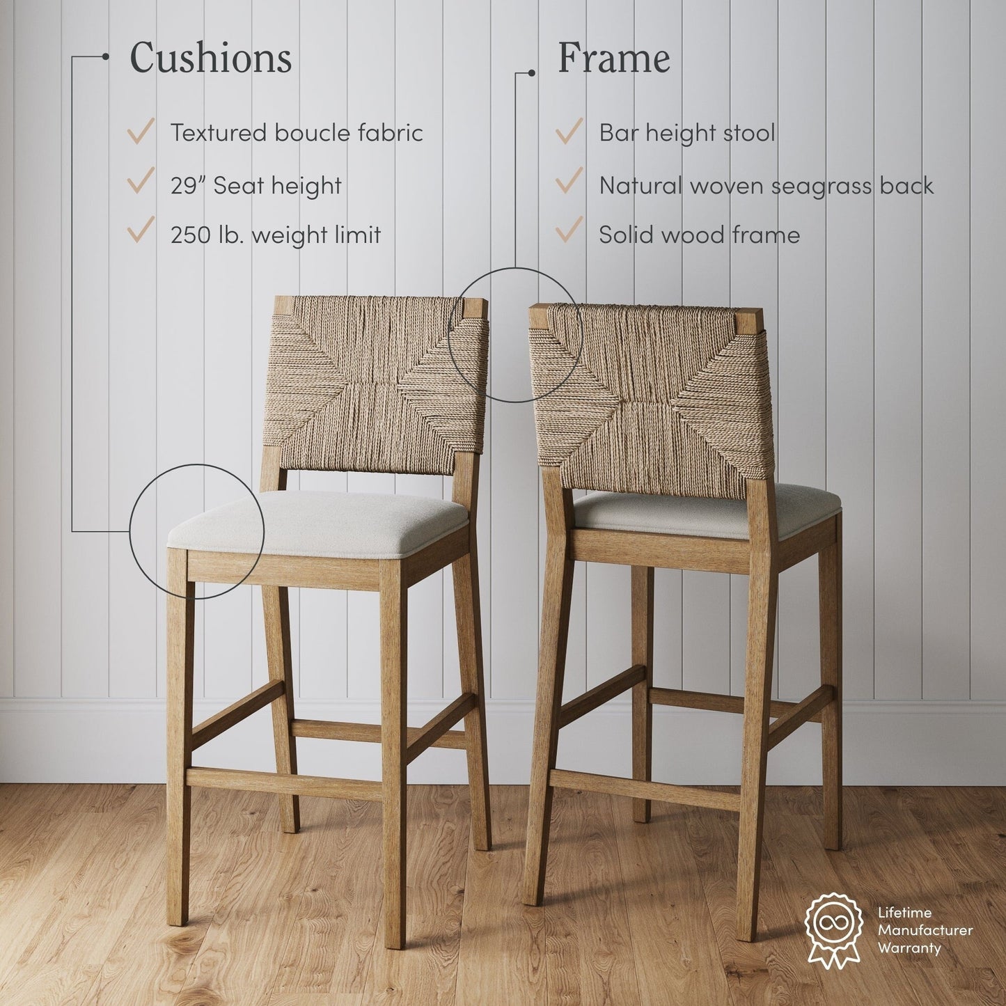 Sgabello da bar Beacon Bohemian Boucle, sedia imbottita alta fino al bancone con struttura in legno massello e schienale in giunco ​​intrecciato