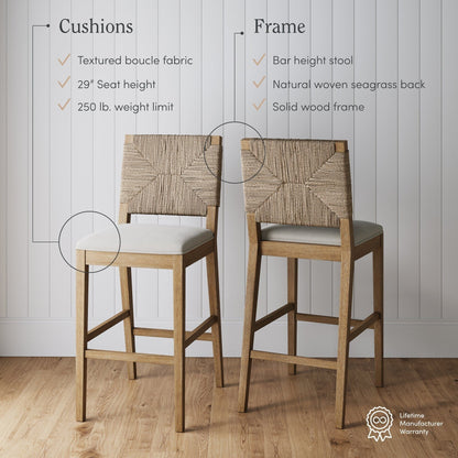 Sgabello da bar Beacon Bohemian Boucle, sedia imbottita alta fino al bancone con struttura in legno massello e schienale in giunco ​​intrecciato
