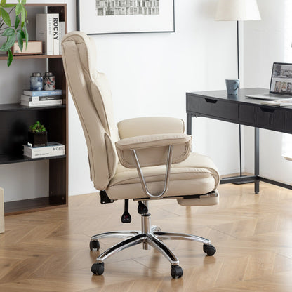 Poltrona reclinabile ergonomica da ufficio con schienale alto girevole a 360° in similpelle beige, supporto lombare, poggiapiedi, altezza regolabile