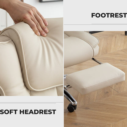 Poltrona reclinabile ergonomica da ufficio con schienale alto girevole a 360° in similpelle beige, supporto lombare, poggiapiedi, altezza regolabile