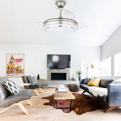 Ventilatore da soffitto retrattile moderno Bella Depot 36 con luce LED, pale reversibili a 6 velocità con telecomando