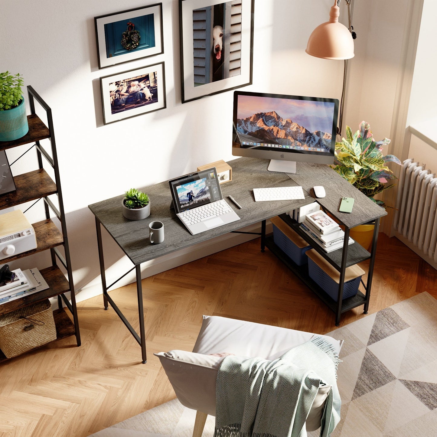 Piccola scrivania a L con ripiani portaoggetti, scrivania angolare per computer