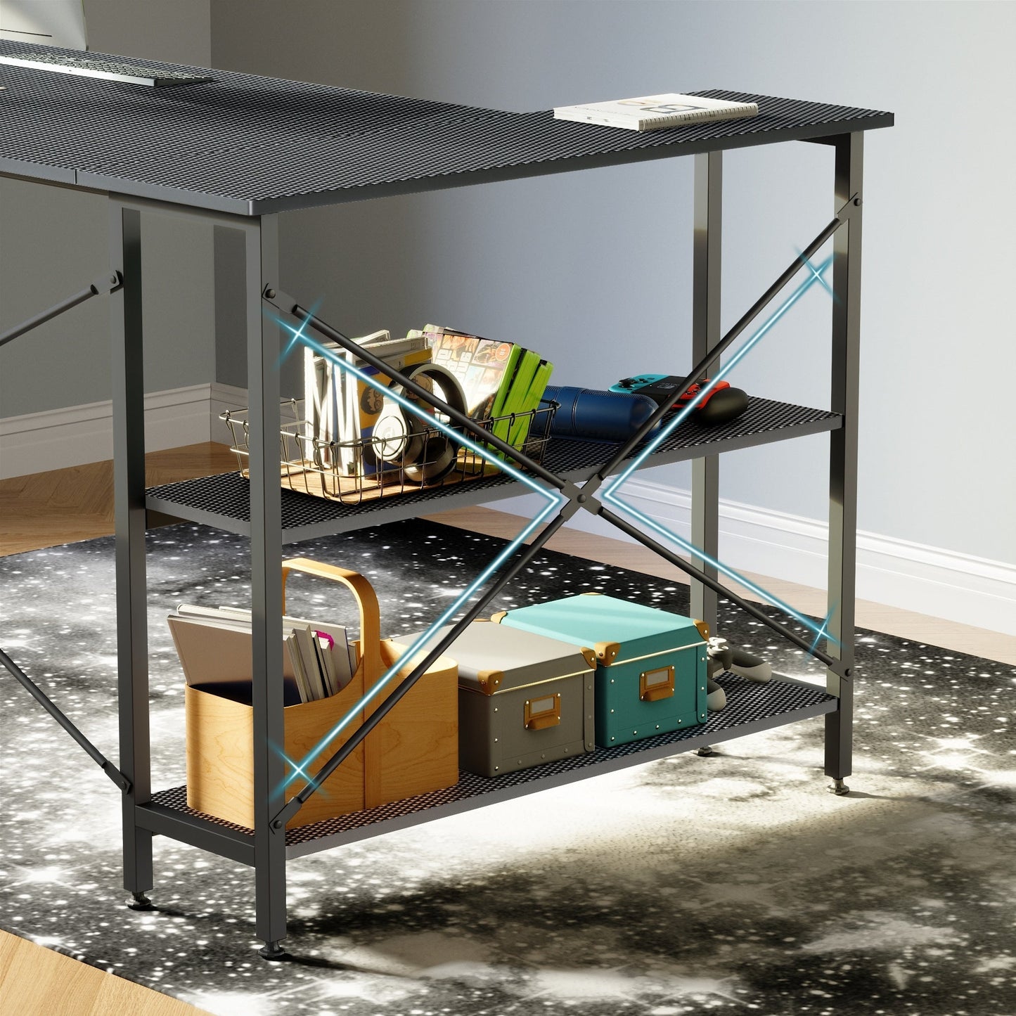 Piccola scrivania a L con ripiani portaoggetti, scrivania angolare per computer