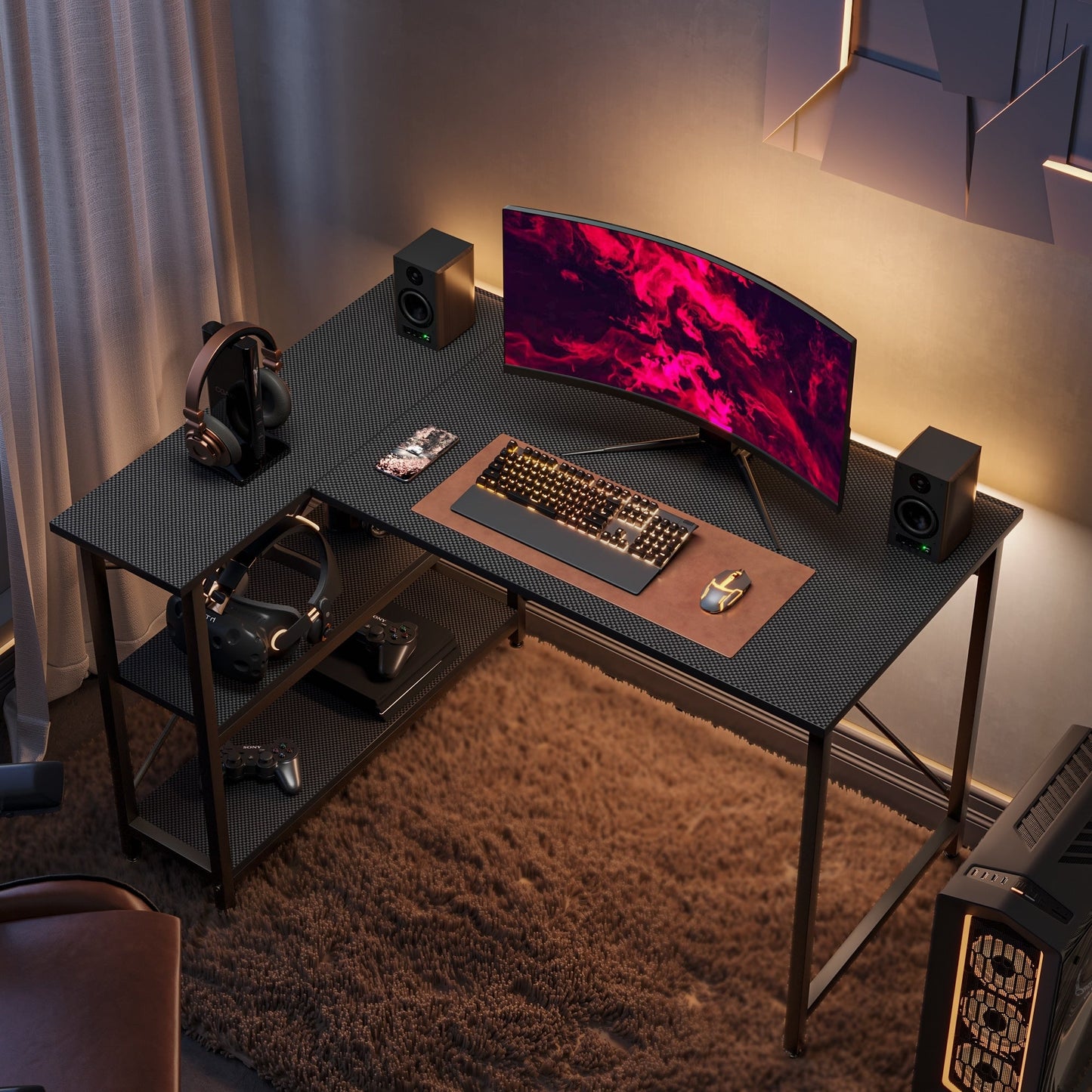 Piccola scrivania a L con ripiani portaoggetti, scrivania angolare per computer