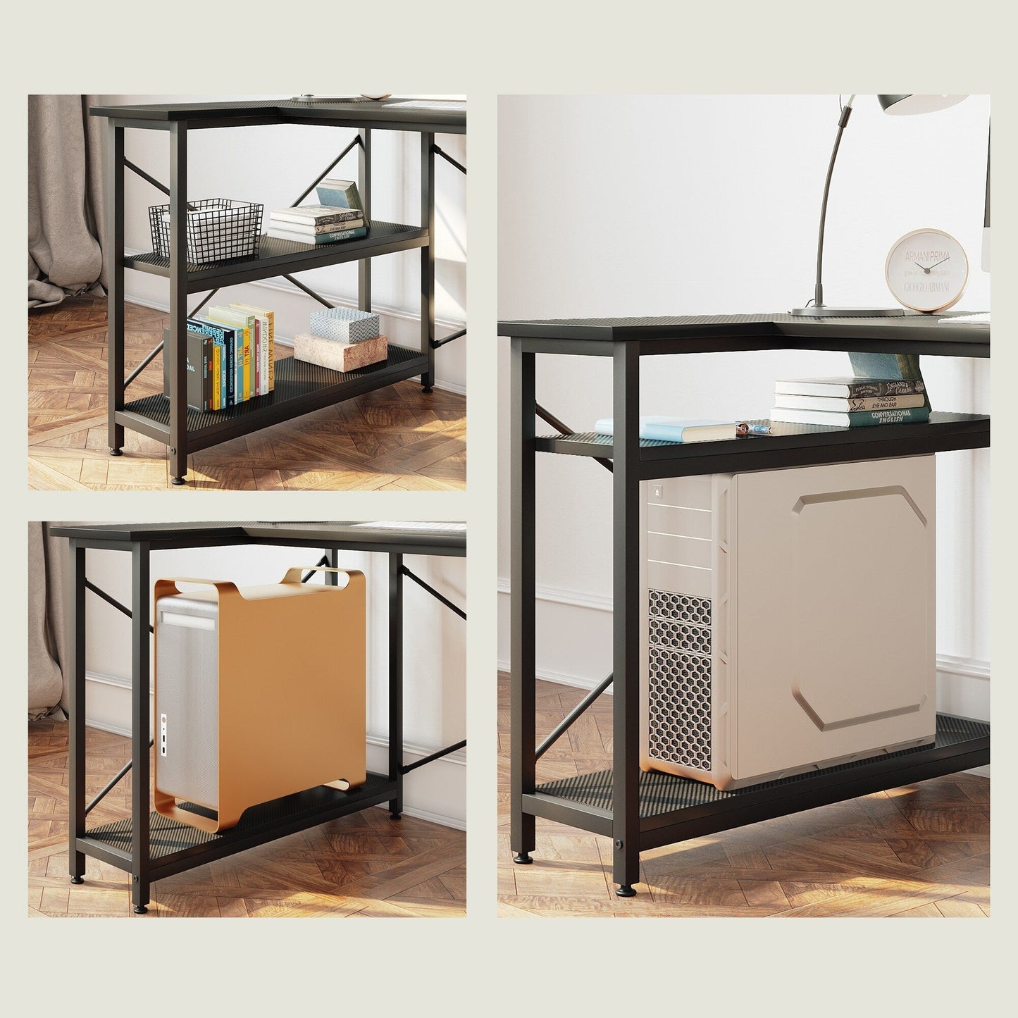 Piccola scrivania a L con ripiani portaoggetti, scrivania angolare per computer