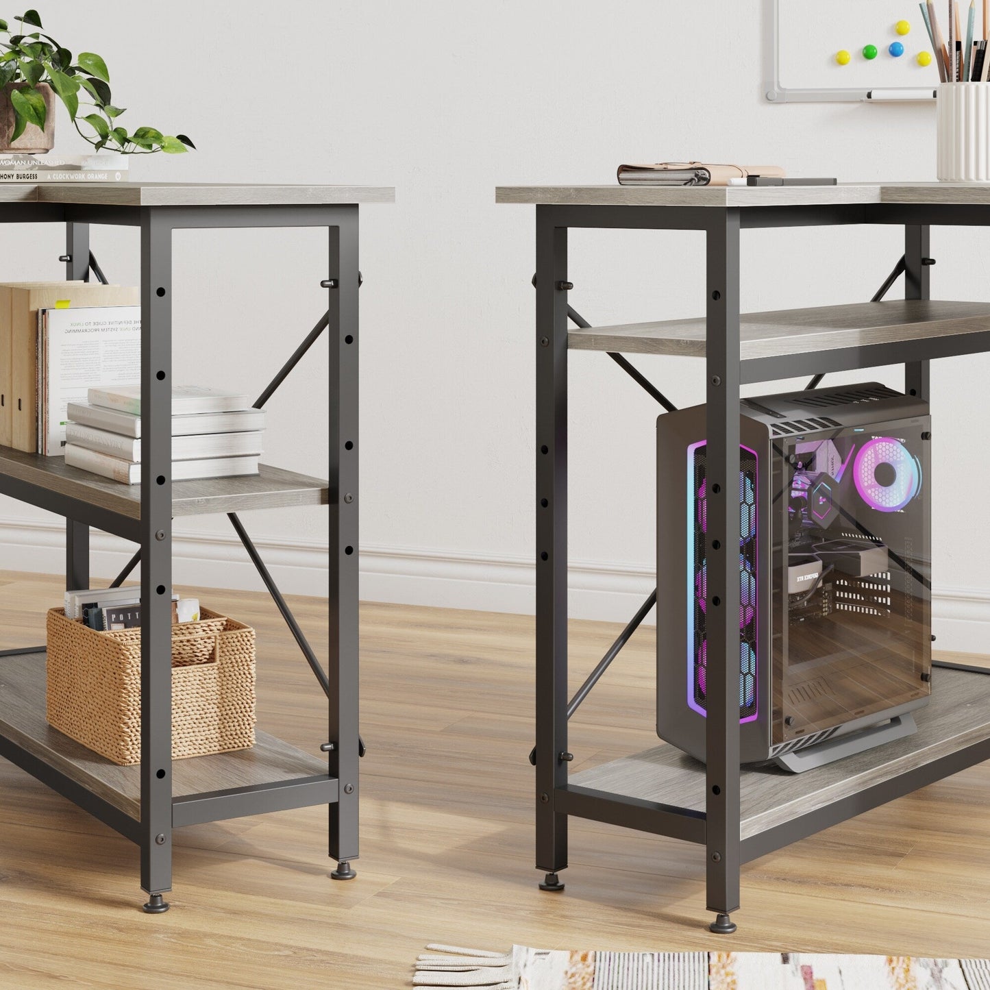 Piccola scrivania a L con ripiani portaoggetti, scrivania angolare per computer