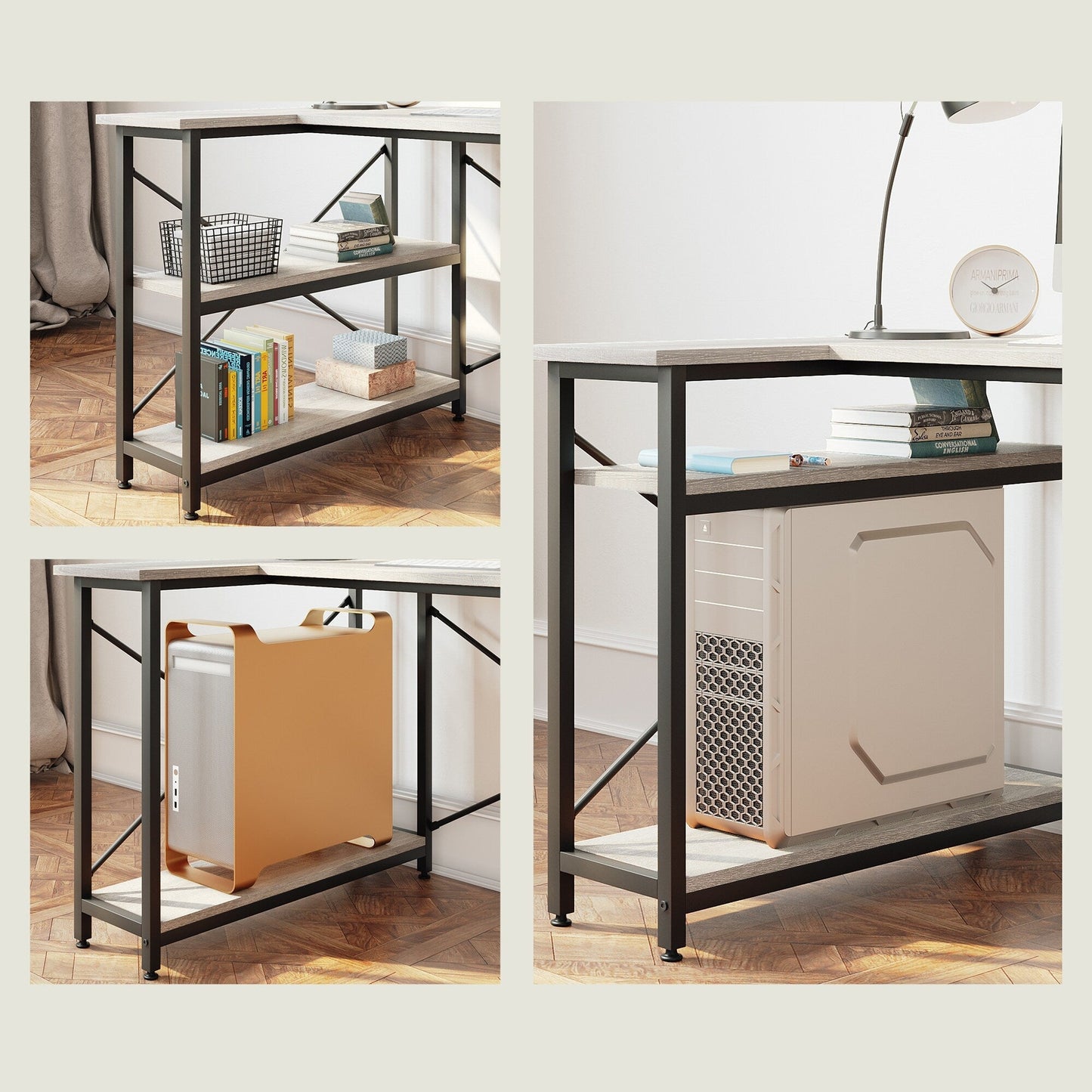 Piccola scrivania a L con ripiani portaoggetti, scrivania angolare per computer