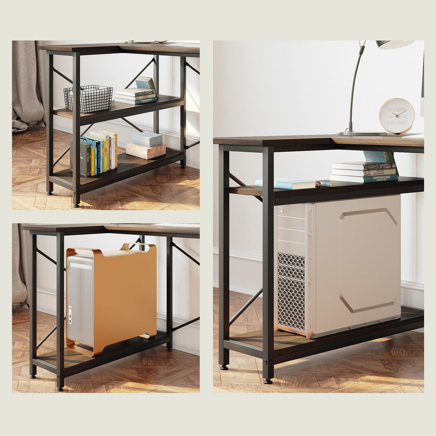 Piccola scrivania a L con ripiani portaoggetti, scrivania angolare per computer