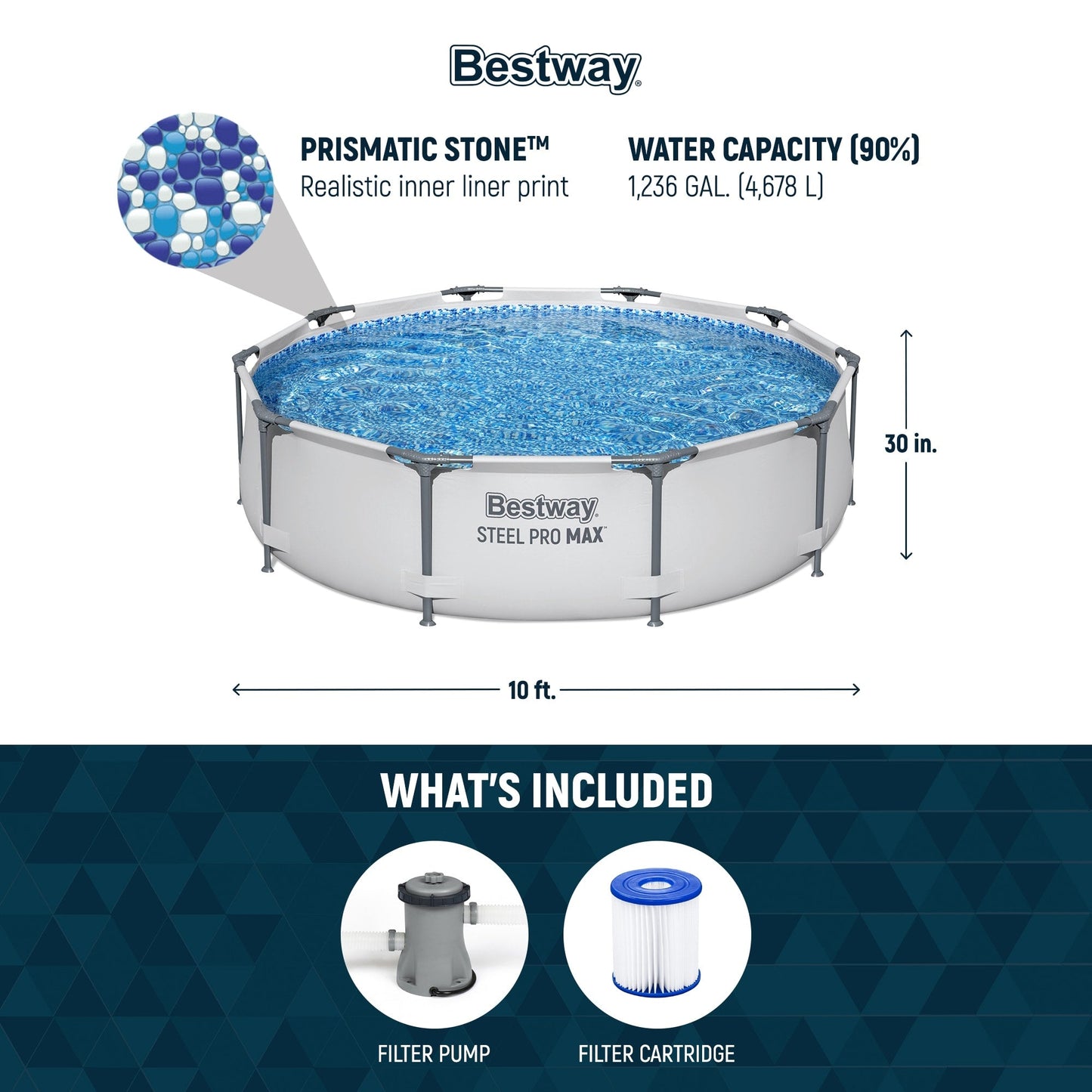 Piscina fuori terra rotonda Bestway Steel Pro MAX 10'x30 con pompa - 10 piedi x 30 pollici.