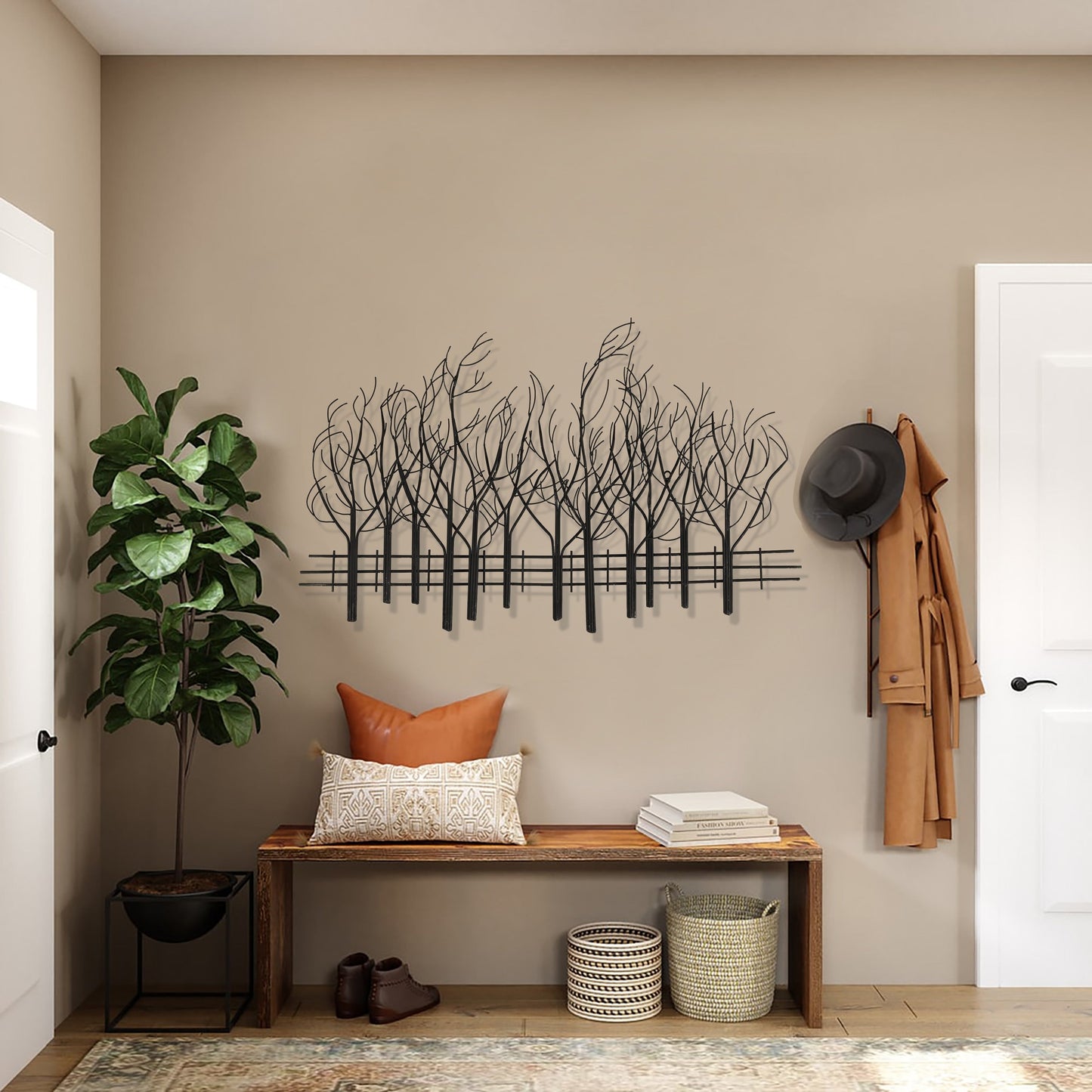 Decorazione da parete in metallo nero con campo di alberi