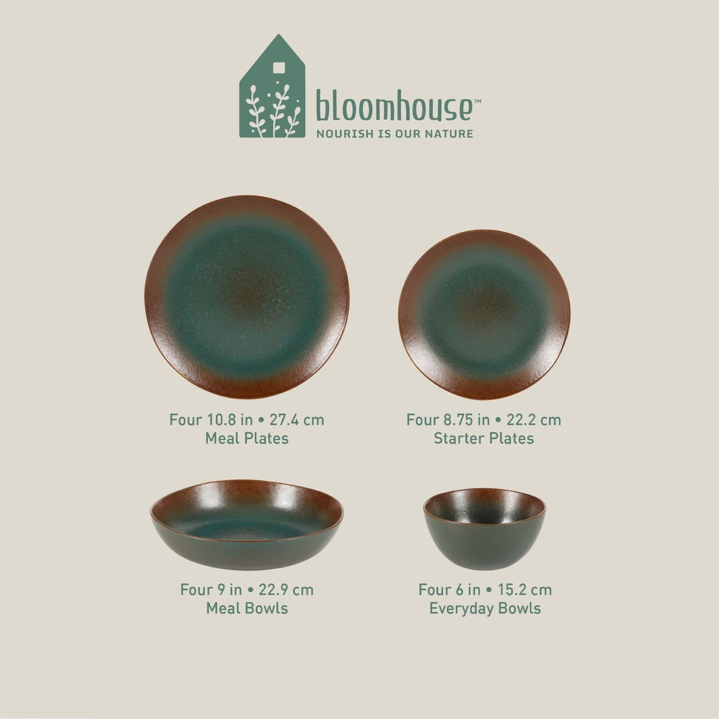 Bloomhouse Palermo Sun, set di 16 piatti e ciotole in gres con doppia ciotola e smalto reattivo