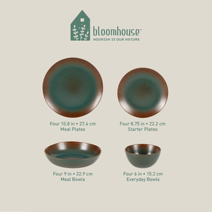 Bloomhouse Palermo Sun, set di 16 piatti e ciotole in gres con doppia ciotola e smalto reattivo