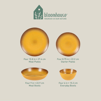 Bloomhouse Palermo Sun, set di 16 piatti e ciotole in gres con doppia ciotola e smalto reattivo