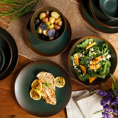 Bloomhouse Palermo Sun, set di 16 piatti e ciotole in gres con doppia ciotola e smalto reattivo