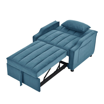 Divano letto singolo convertibile in velluto blu con letto estraibile