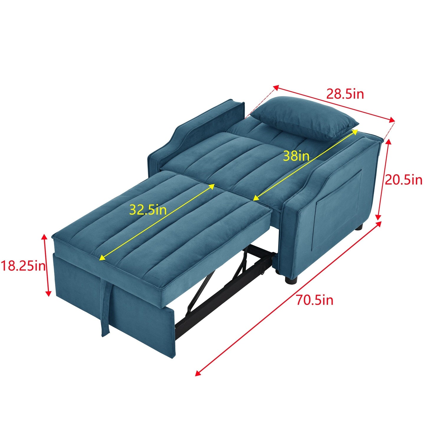 Divano letto singolo convertibile in velluto blu con letto estraibile