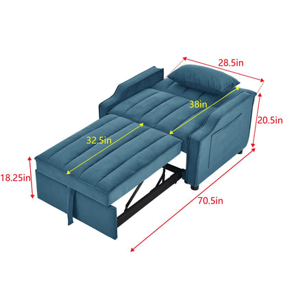 Divano letto singolo convertibile in velluto blu con letto estraibile