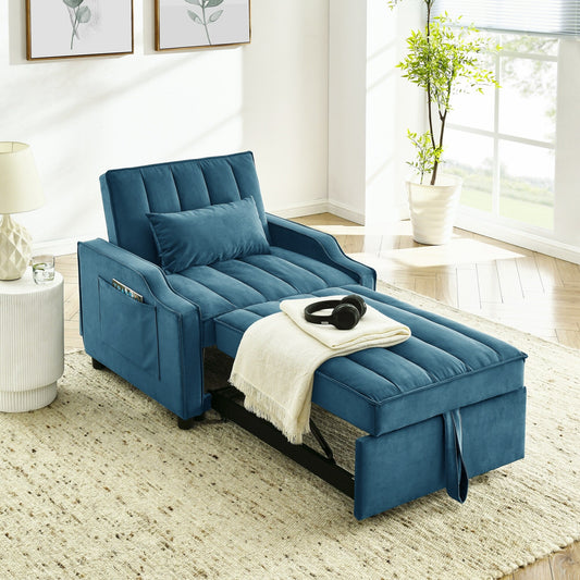Divano letto singolo convertibile in velluto blu con letto estraibile