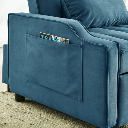 Divano letto singolo convertibile in velluto blu con letto estraibile