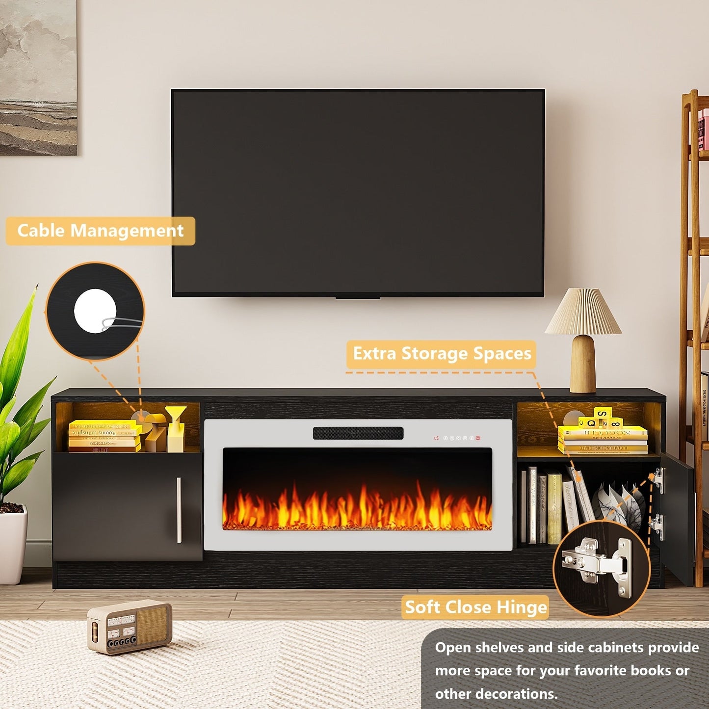 Mobile TV con camino Bossin 70 con camino elettrico da 36 pollici, mobile TV per TV fino a 80 pollici, luci LED a 16 colori/centro di intrattenimento